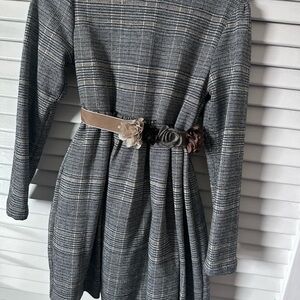 Plaid Long Sleeve Dress with Floral Belt